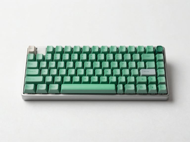 A top-down clean flat-lay of a minimalist desk with a mechanical keyboard, focused on the keycaps with clear Hindi Kruti Dev legends, bright daylight.