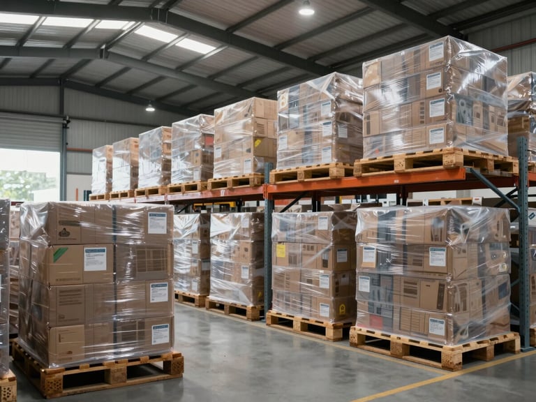 Wide environmental shot of a clean, modern climate-controlled warehouse in Jakarta, organized pallets of vacuum-sealed boxes ready for global export