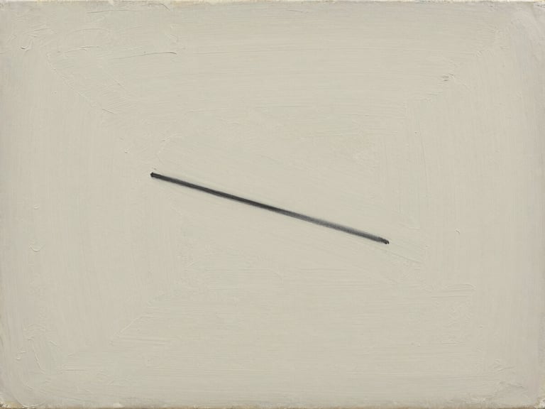 An extreme close-up of a minimalist oil painting, showing heavy gesso texture, muted ivory brushstrokes, and a single sharp charcoal line.