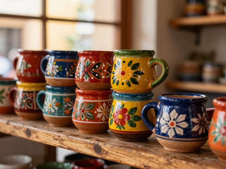 Close-up of colorful hand-painted Mexican clay mugs stacked neatly on a rustic wooden shelf in a sunlit cafe, warm editorial photography style.