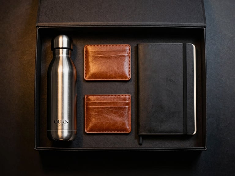 Overhead flat-lay of an open luxury employee welcome kit, showcasing a custom-branded stainless steel water bottle, a premium leather card holder, and a high-quality notebook, all arranged elegantly on a dark surface with dramatic side lighting and gold reflections.