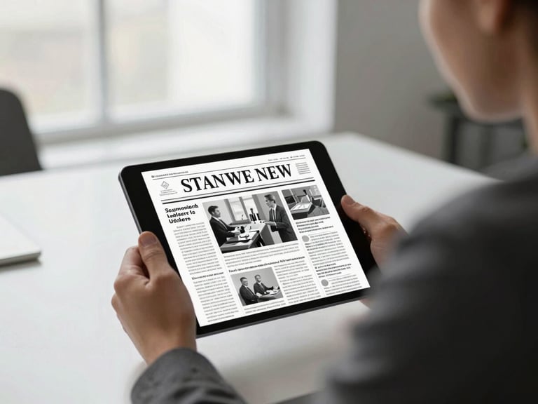 Editorial over-the-shoulder view of a professional analyzing news layouts on a tablet, soft natural window light, muted corporate tones, elegant office setting, shallow depth of field, 35mm