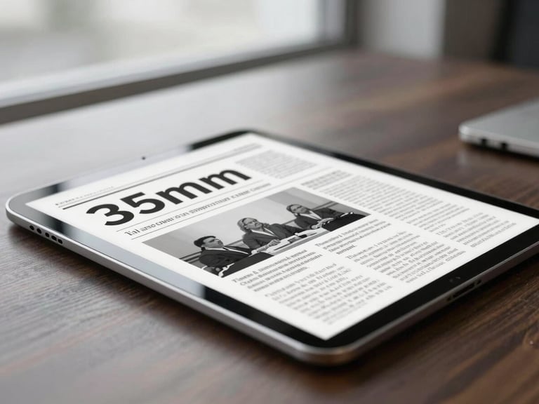 Close-up of a high-end digital tablet displaying a news article, elegant office setting, soft natural window light, 35mm