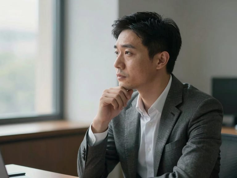Editorial portrait of a professional in deep thought, soft side-shadows, muted corporate tones, 35mm