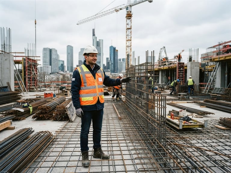 Adrian-Neculai Ungureanu, a confident construction manager in high-visibility gear, stands on a construction site in Frankfurt, overseeing steel reinforcement work. Natural overcast daylight, wide shot, 35mm. Frankfurt skyline subtly visible in the background.