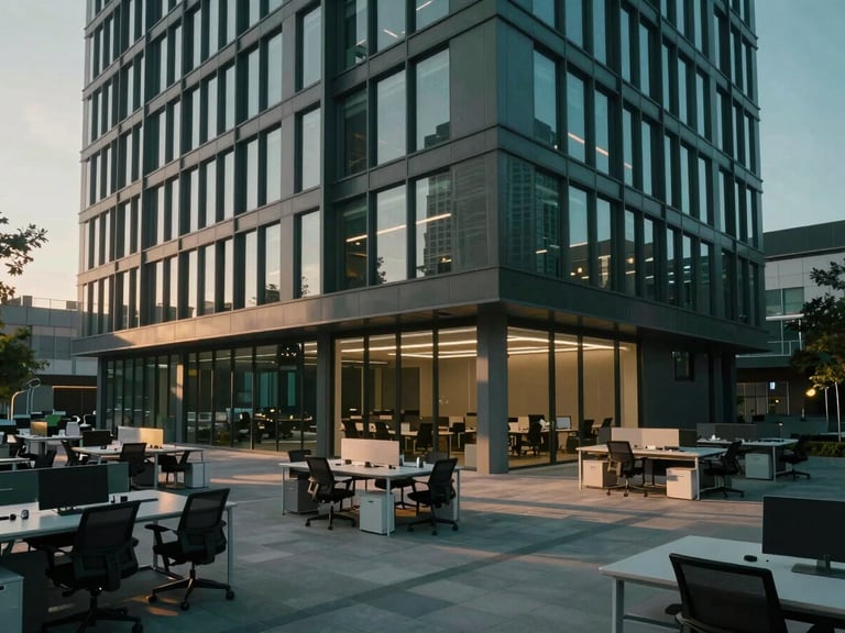 Cinematic wide shot of a modern architectural workspace in a global tech hub at dusk, moody deep forest green side-lighting casting long shadows, clean lines, no people.