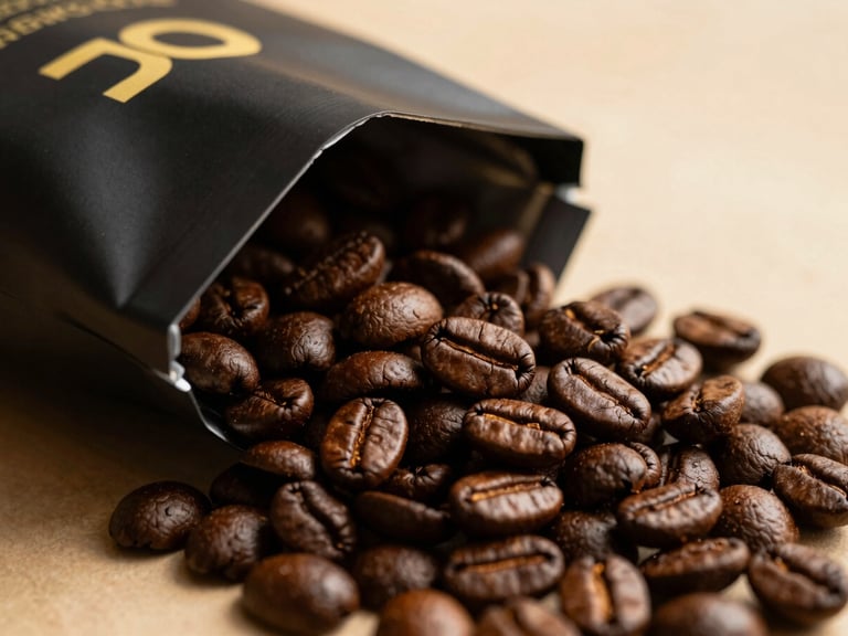 Macro shot of glossy dark roasted Arabica coffee beans spilling out of a minimalist matte-black bag with gold foil lettering, warm side-lighting