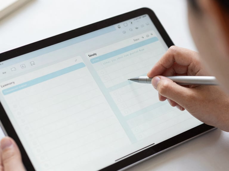 Close-up of a student highlighting notes next to a tablet showing a clean study planner app, bright natural daylight, soft focus