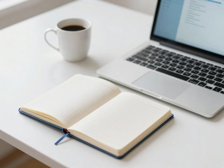 A clean, organized desk with a notebook, a coffee cup, and a laptop displaying a simple dashboard, bright high-key lighting