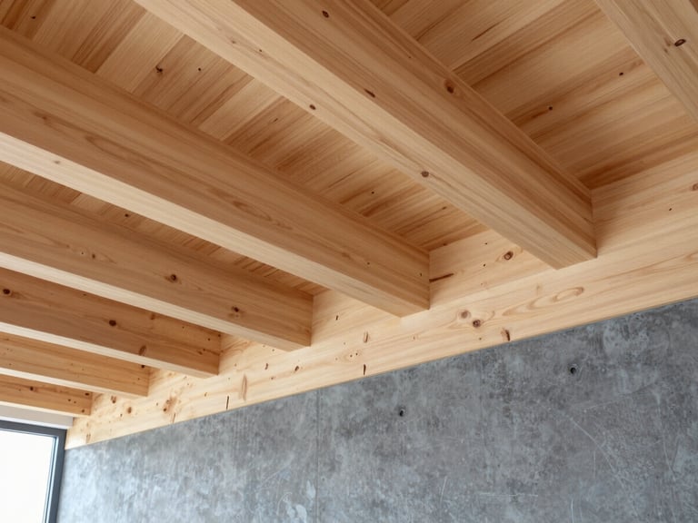 Medium detail of clean, newly engineered exposed wooden beams meeting a solid concrete foundation, bright natural daylight