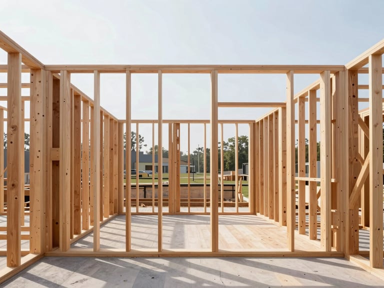 Architectural straight-on view of structural wooden framing under bright natural daylight, clean lines, warm oak tones