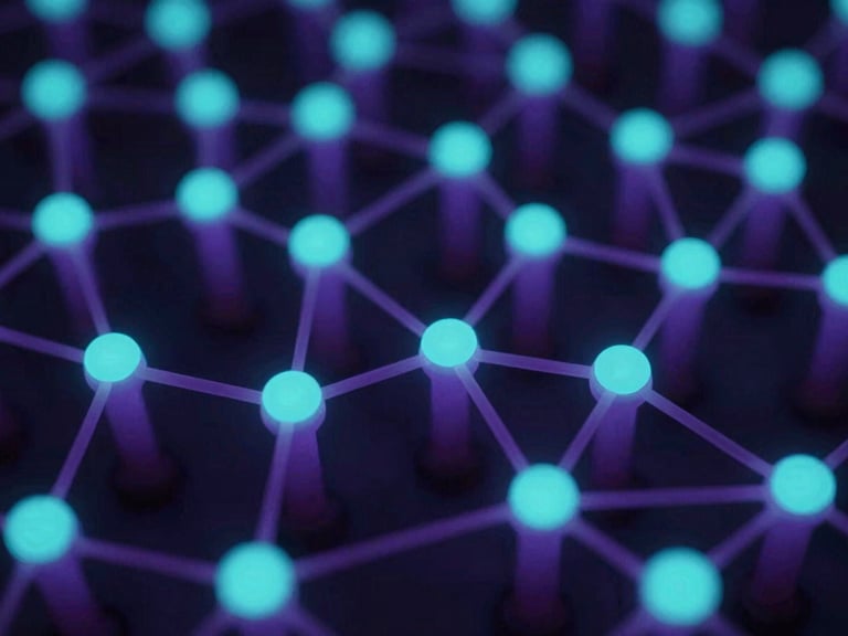Macro photograph of glowing deep cyan network nodes in an obsidian technical environment, soft violet backlighting, sharp depth of field, 35mm