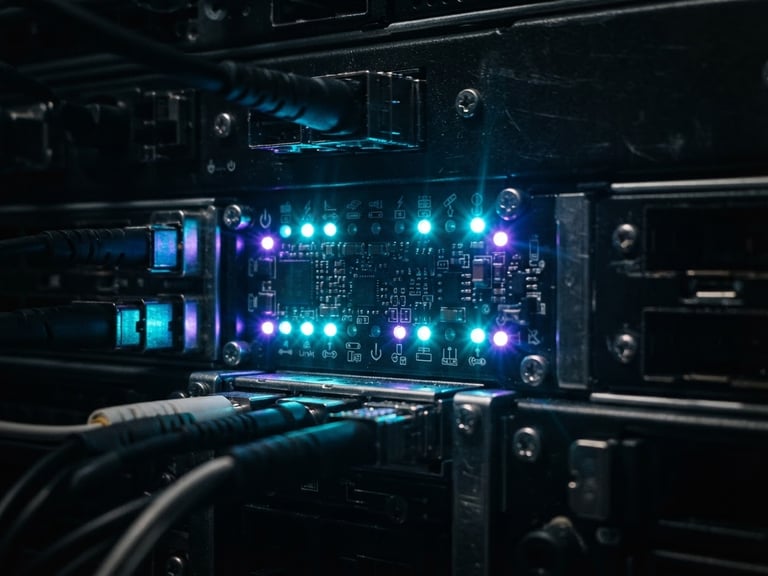 Extreme close-up macro shot of dark obsidian server racks, glowing deep cyan and violet LED indicators, sharp depth of field, 35mm