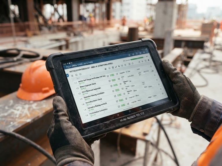 Close-up of a rugged tablet displaying a technical installation checklist on a construction site, safety orange helmet blurred in the background, sharp technical photography, natural daylight