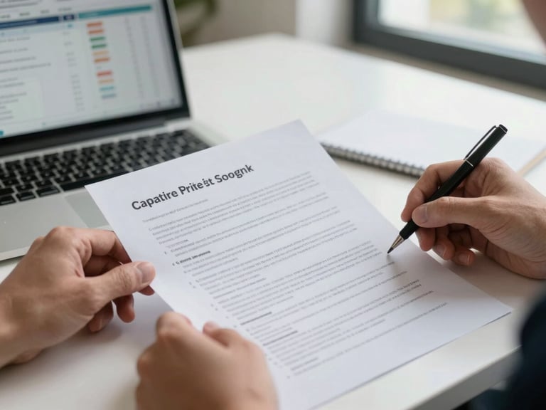 Close-up of hands reviewing a printed campaign brief document on a clean desk, a laptop open to a creator analytics dashboard partially visible in background, natural window light, documentary framing