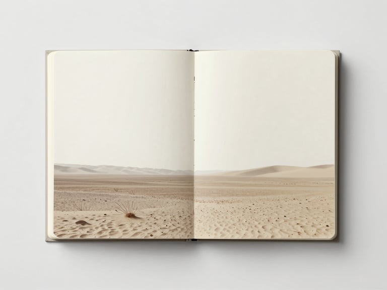 Fotografía de boceto en cuaderno de campo, paisaje desértico con horizonte bajo, luz difusa, tonos neutros, estilo de fotografía de bellas artes.