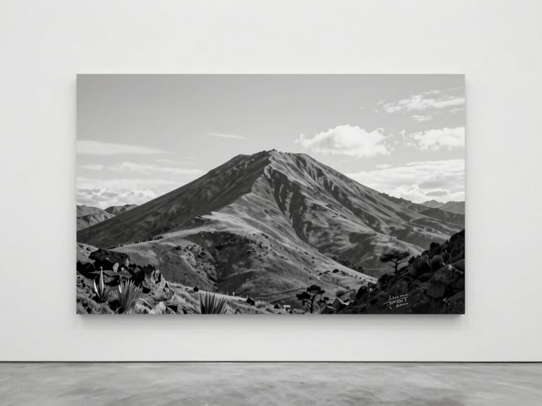 Boceto de montaña andina en blanco y negro, con notas manuscritas al margen, luz natural difusa, estilo de fotografía de bellas artes.