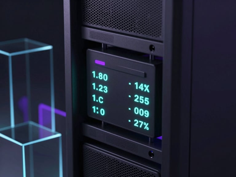 Macro close-up of server hardware with precise status indicators, low-key ambient light with sharp neon turquoise highlights, dark-themed developer interface, sleek 3D render