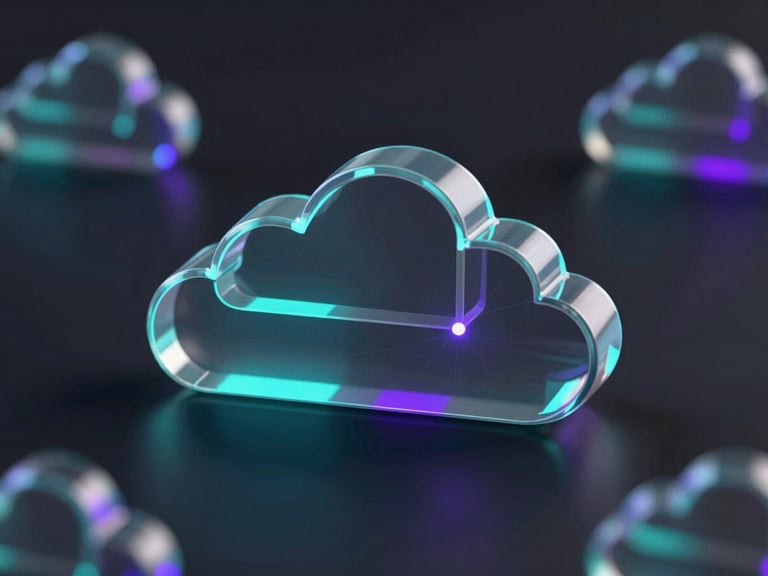 Sleek 3D render of abstract geometric glass nodes representing cloud databases, dark obsidian background, glowing neon turquoise and purple accents, octane render.