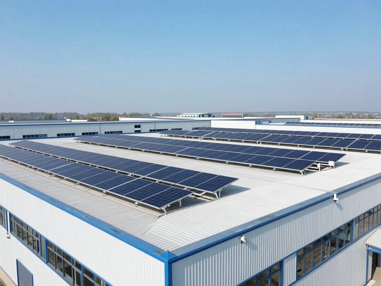 Wide architectural shot of a modern clean industrial facility roof with perfectly aligned solar panels under bright direct sunlight, high-contrast engineering aesthetic, 35mm lens.