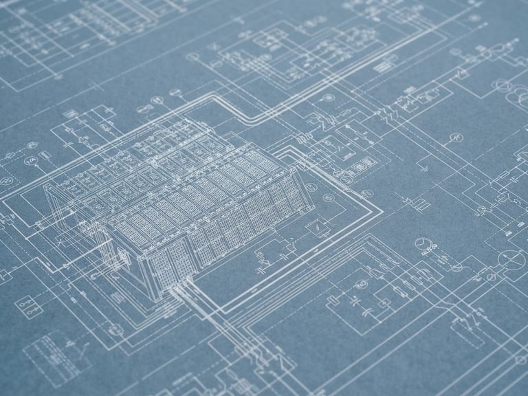 Extreme close-up of a high-tech battery storage installation schematic, crisp technical blueprint lines, cool slate and blue tones, sharp focus, architectural lens