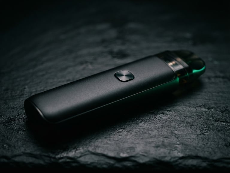 Cinematic macro shot of a sleek matte black vape device on a dark slate counter, subtle emerald green backlighting, rich shadows
