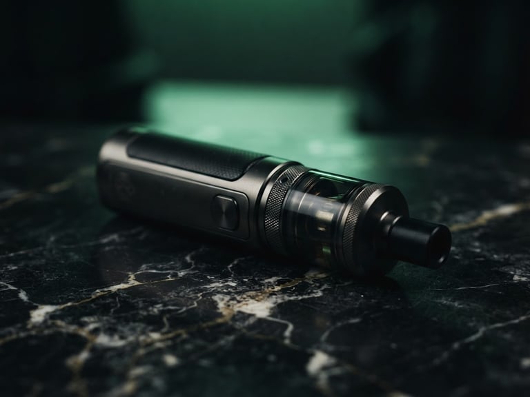 Moody close-up of premium vape hardware on a textured black marble counter, soft green ambient backlighting, cinematic macro, 50mm lens