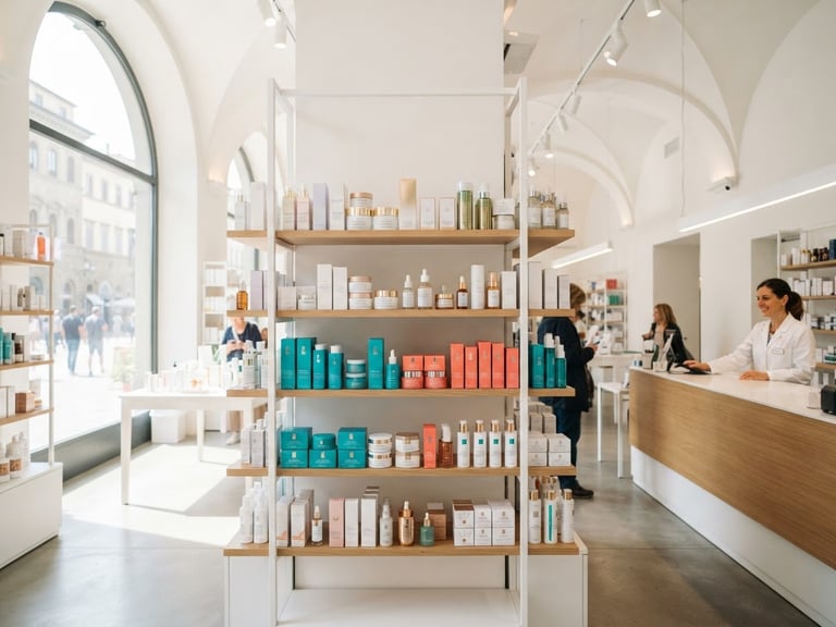 Bright high-key interior of a modern Italian pharmacy, clean white shelves with premium cosmetics, warm daylight streaming through large windows, electric teal accents, 50mm