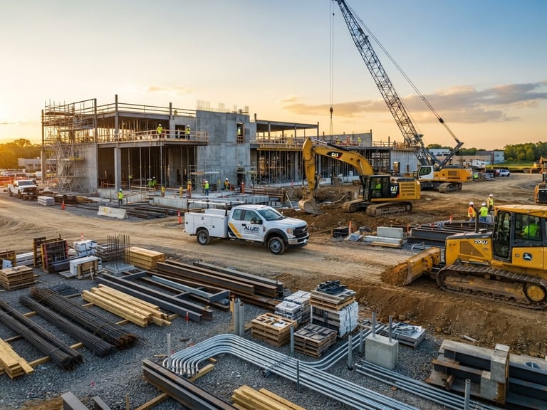Wide-angle view of a modern commercial construction site at golden hour, focus on organized materials and heavy machinery, with a branded Allied Contracting truck visible in the mid-ground, bright natural daylight, cool blue and safety orange tones.