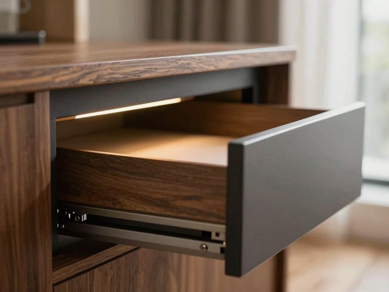 Macro shot of a soft-close drawer mechanism in action, integrated LED cabinet lighting, shallow depth of field, showcasing precision engineering