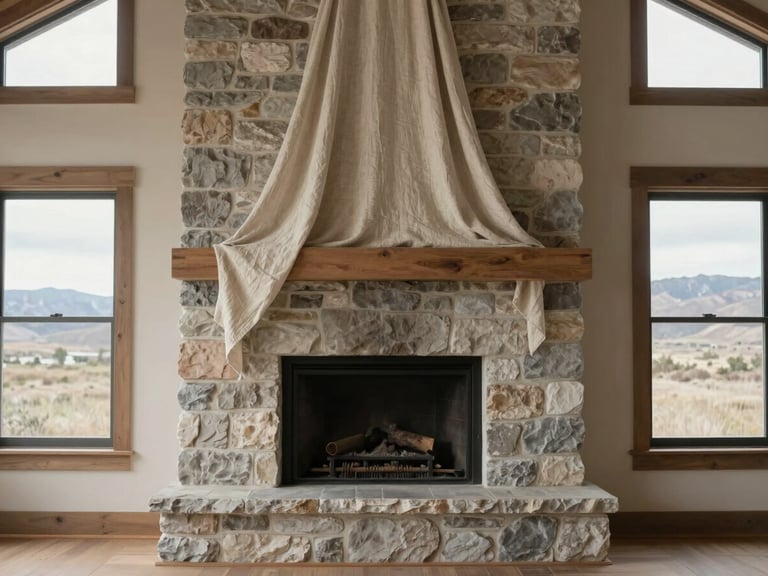 Wide-angle architectural shot of a custom-furnished Utah home renovation, raw linen draped over a stone hearth, diffused natural light from an overcast sky.