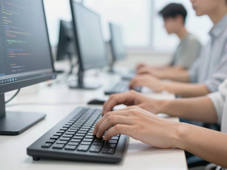 Close-up of a student's hands typing code on a modern keyboard, bright high-key lighting, soft background blur of a clean computer lab