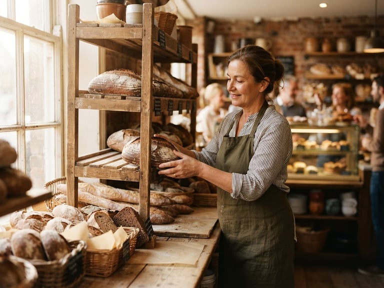 Warm editorial photography of a local bakery owner placing fresh bread on a wooden shelf, soft morning sun coming through the window, authentic setting, shallow depth of field, 35mm