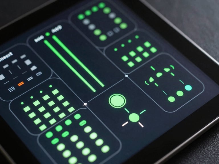 Top-down view of an Android tablet displaying a dark industrial IoT control panel, neon-green status indicators, clean lines