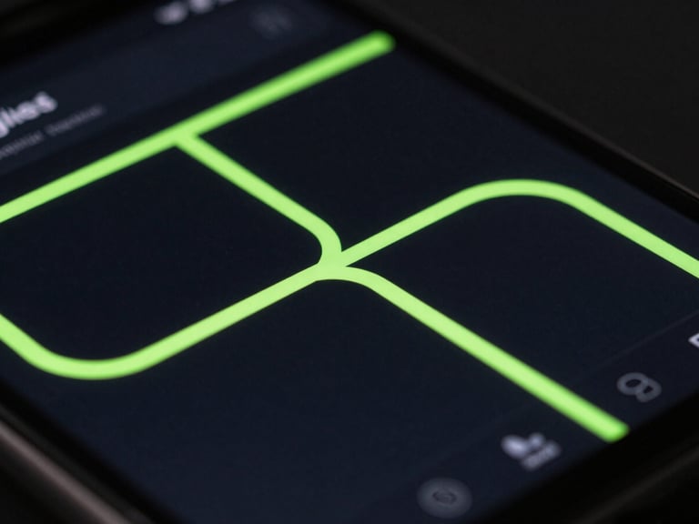 Macro shot of a dark logistics app interface on an Android phone, neon-green route lines, high-contrast studio lighting, 35mm lens
