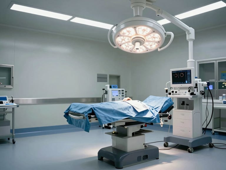 Wide panoramic shot of a modern, state-of-the-art operating theater with clean clinical lighting and advanced medical equipment, negative space on the left