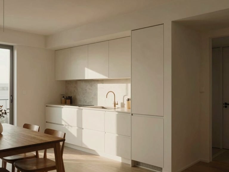 Architectural interior shot of an apartment kitchen with a dining area, showing functional space, warm natural light, muted earthy tones, realistic 35mm lens.