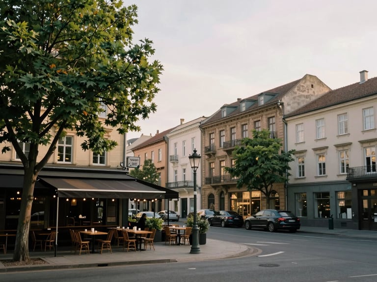 Charming city street scene with a local cafe and green trees, soft morning light, muted earthy tones, realistic 35mm lens, architectural details.