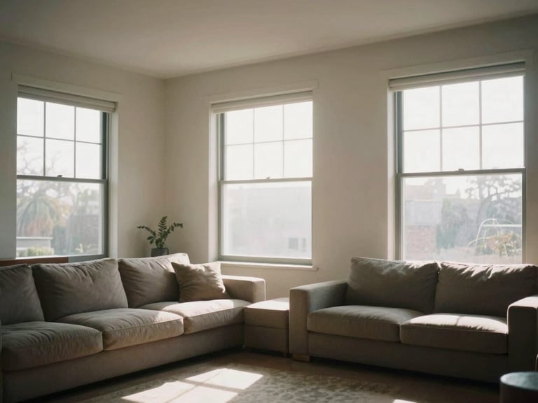 Interior of a modern apartment living room, bright natural light streaming through large windows, soft morning light, muted earthy tones, realistic 35mm lens.