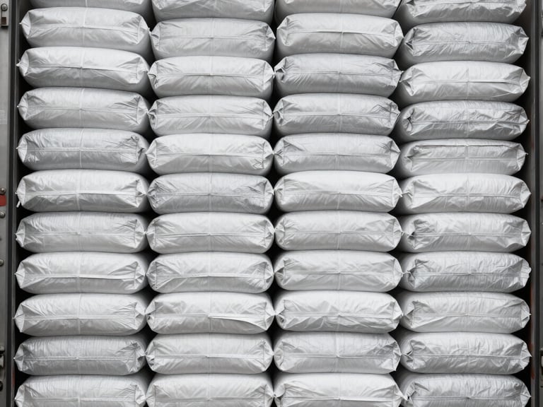 Close-up of industrial packaging labels on sacks, showing export-grade details, bright high-key studio lighting, sharp focus, minimalist composition, 35mm