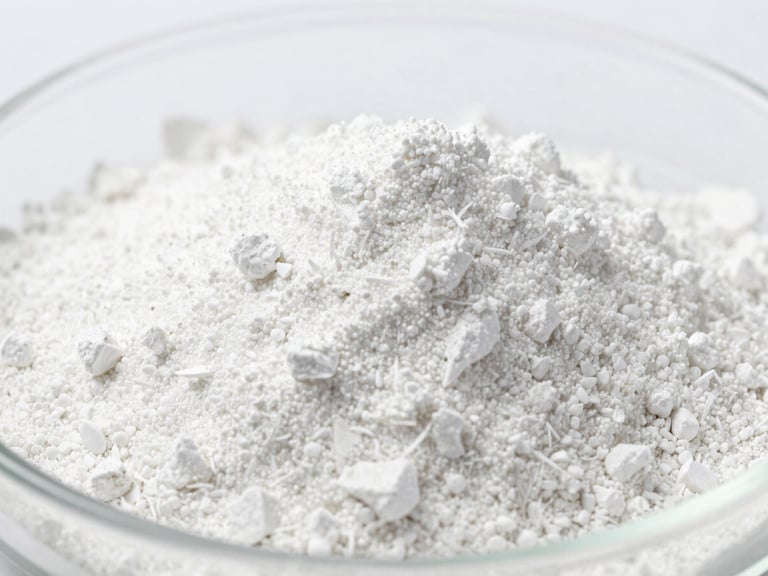 Macro shot of fine white mineral powder in a laboratory dish, under bright high-key lighting, sharp focus on texture, minimalist composition, 35mm