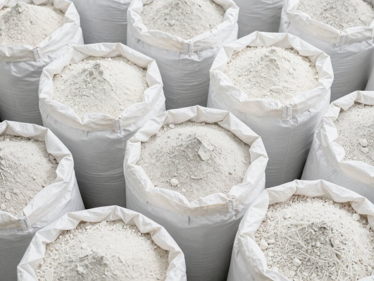 Overhead view of various industrial packaging sacks filled with mineral powders, clean industrial photography, bright high-key lighting, minimalist composition, 35mm