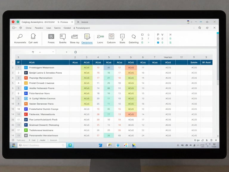 Close-up of a large monitor showing a structured campaign management spreadsheet with color-coded ACoS columns, version history annotations, and keyword-level attribution rows, cool studio daylight, clinical flat lighting, no faces visible