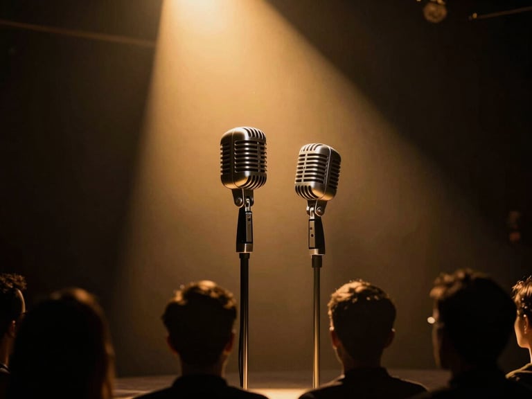 Moody high-contrast live theater stage, warm golden spotlight on two retro microphones, dark silhouettes of an audience in the foreground, cinematic 35mm