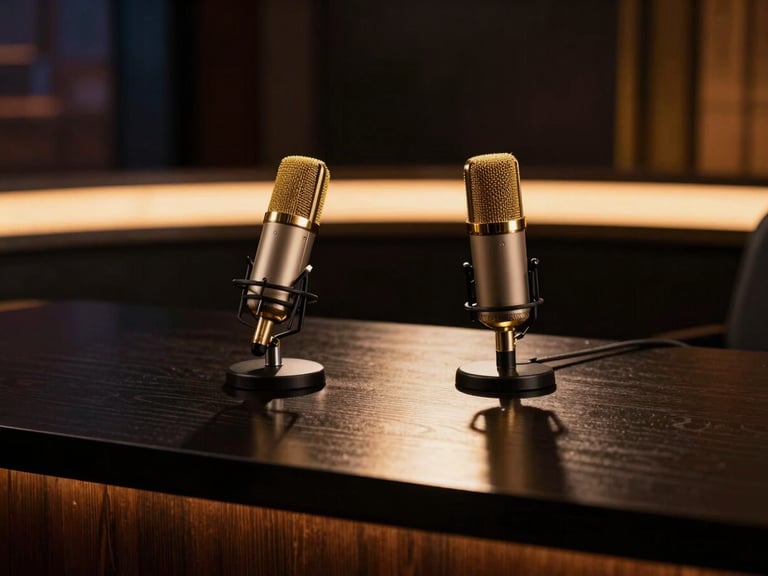 Moody late-night talk show studio desk with two professional microphones, warm golden backlighting reflecting off deep matte black wood, cinematic 35mm photography