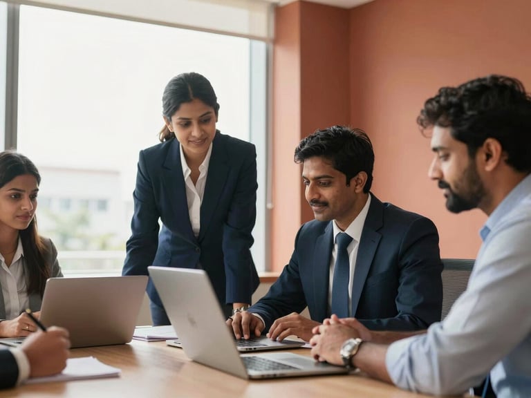 Modern Indian corporate office in Mumbai, focused business professionals collaborating around a table, bright natural window light, warm terracotta accents, 35mm