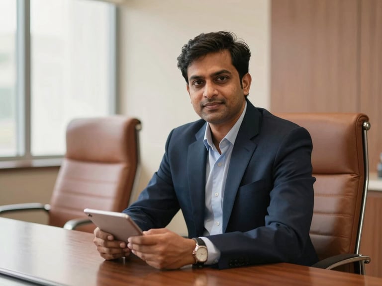 Professional environmental portrait of a focused Indian executive in a bright Delhi boardroom, warm editorial photography, shallow depth of field, 35mm