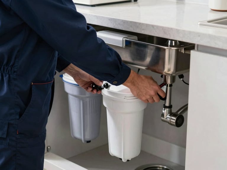A professional technician in a clean navy uniform installing an under-sink water filtration unit in a modern domestic kitchen, bright daylight, focus on hands and stainless steel fixtures.