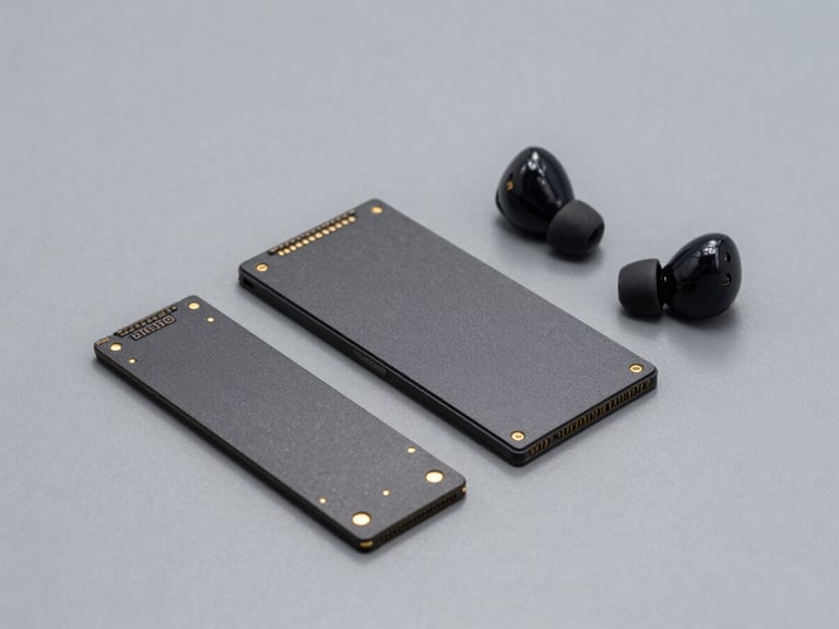 Crisp product photography of high-performance SSDs and wireless earbuds arranged in a clean geometric layout on a neutral slate grey background, sharp studio lighting, 50mm lens