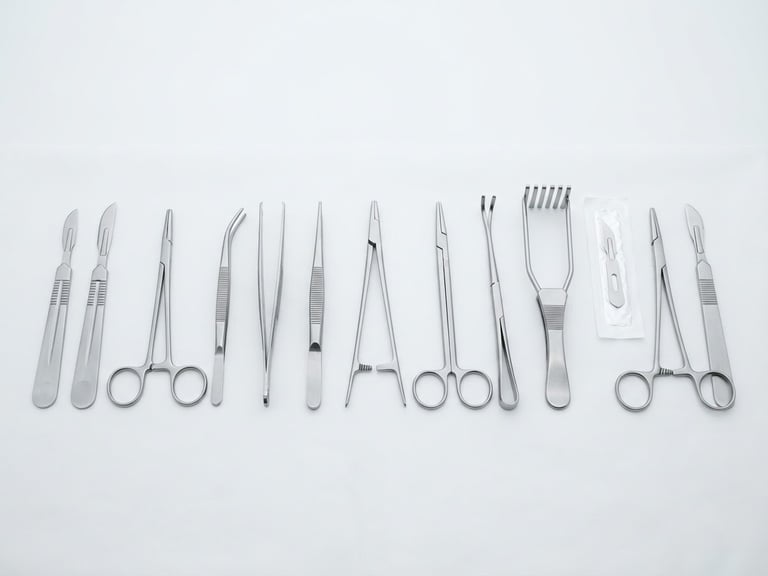 bright high-key product photography of neatly organized surgical instruments on a sterile white surface, crisp studio light, clinical precision, sharp focus, 85mm